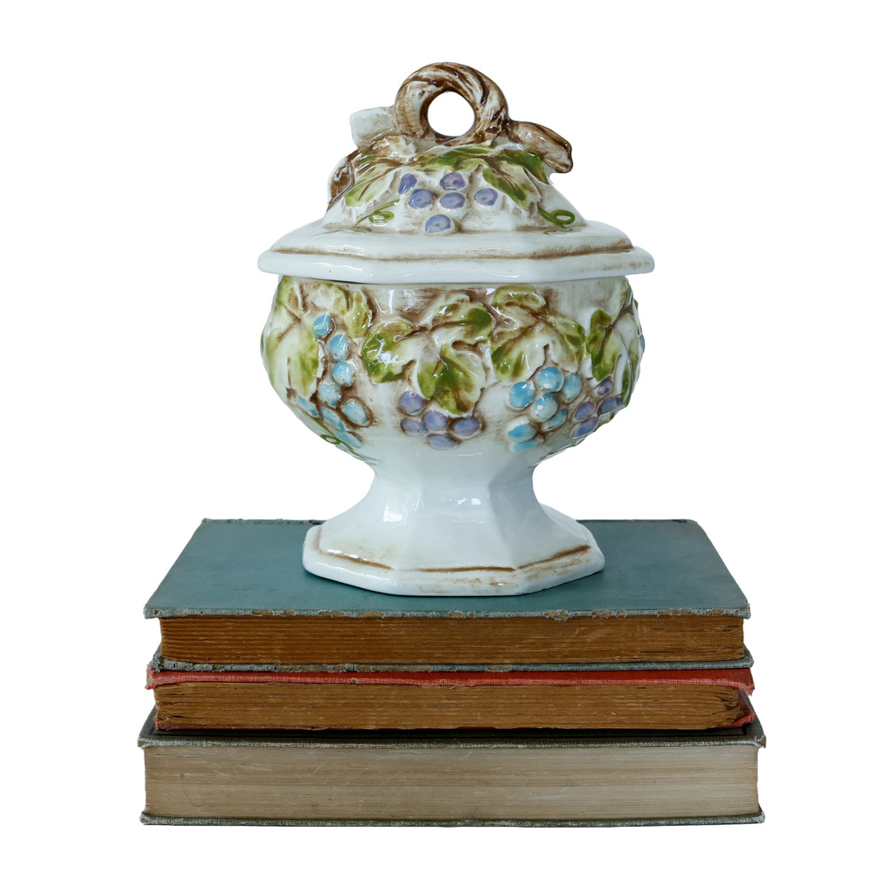 VTG Lefton Lidded Embossed Grapevine Pedestal Candy Dish Cottage Retro Whimsical